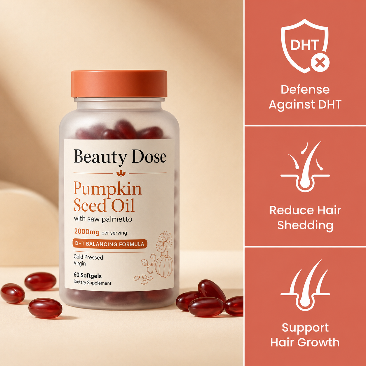 Beauty Dose Pumpkin Seed Oil with DHT, shedding and hair growth feature callouts