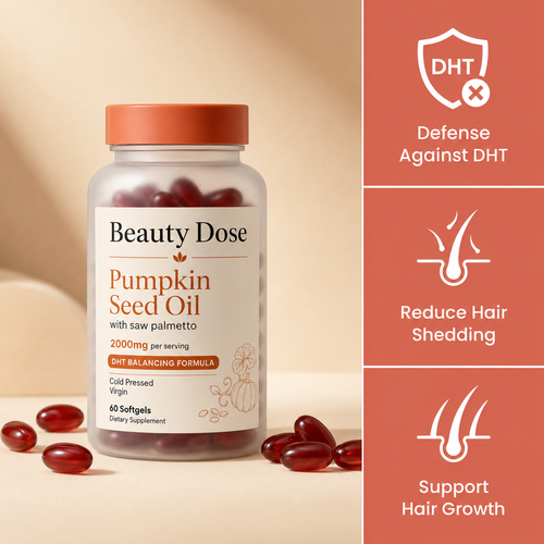 Beauty Dose Pumpkin Seed Oil with DHT, shedding and hair growth feature callouts