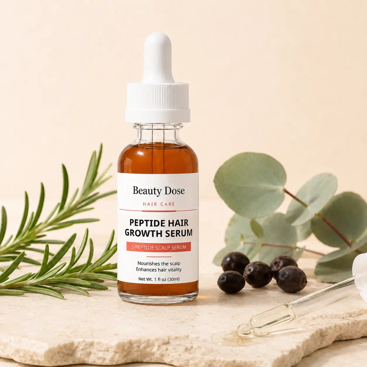 Beauty Dose Peptide Hair Serum with rosemary, eucalyptus, saw palmetto, and a serum dropper